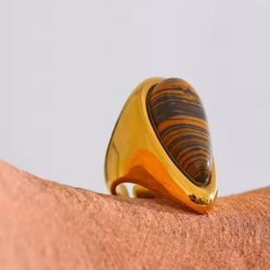 Tiger Eye Statement Ring Sz 7 /7.5 18k Gold plated Stainless Steel | NWOT